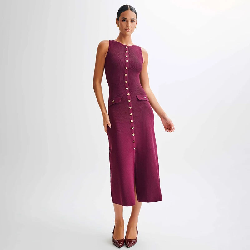 TARUXY Elegant Sleeveless Single-Breasted Ribbed Knitwear Long Dress