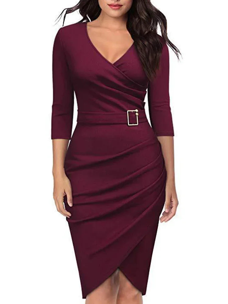 Elegant Fall Bodycon Short Dress Women Long Sleeve V Neck